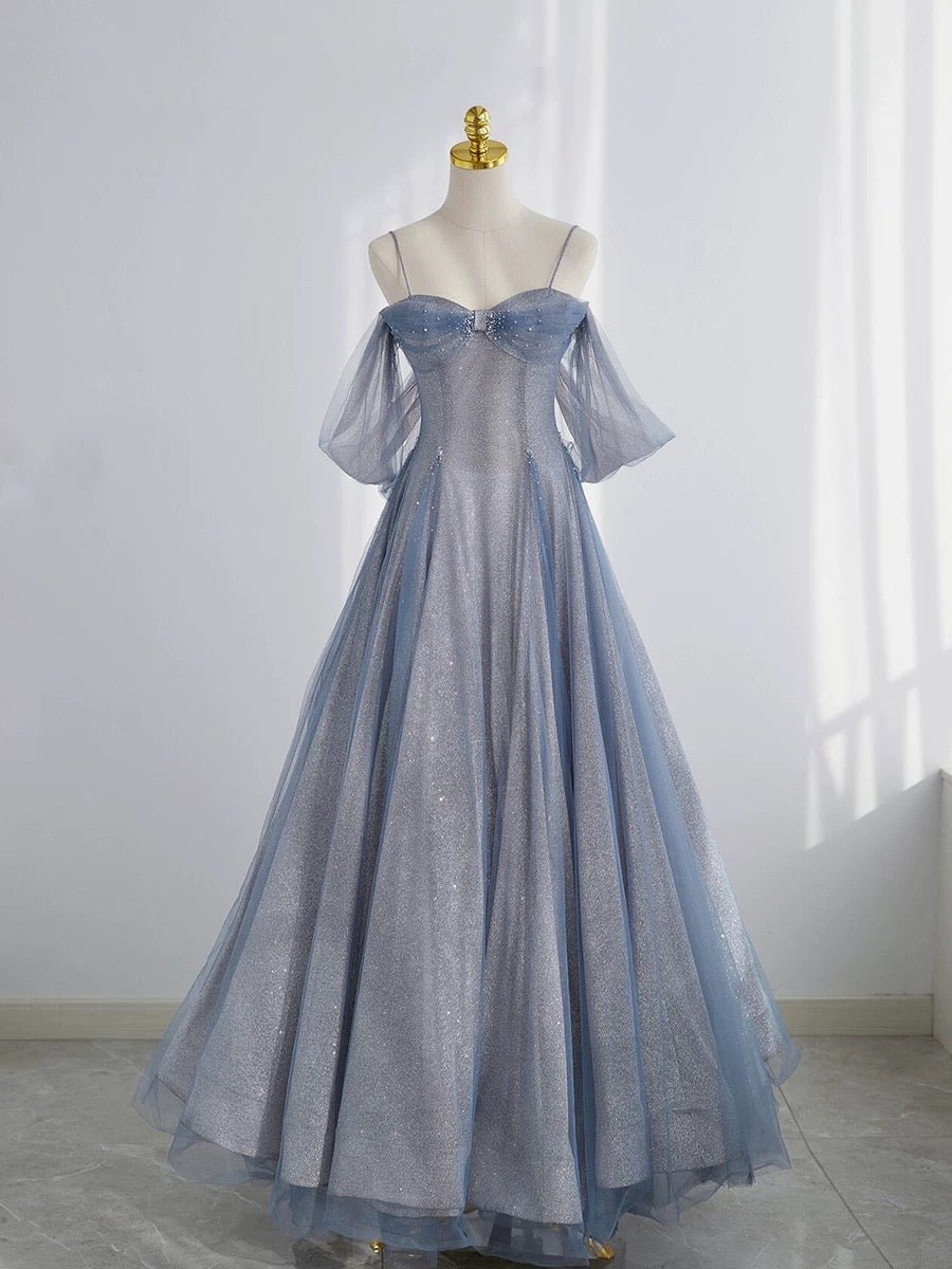 Classy Ball Gown Spaghetti Straps Sequin Evening Dress Long Prom Dresses H2878