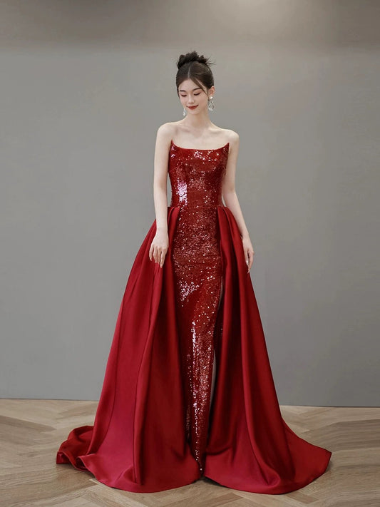 Elegantes Meerjungfrau-Kleid mit trägerlosem roten Pailletten, langes Abendkleid, lange Ballkleider H2879