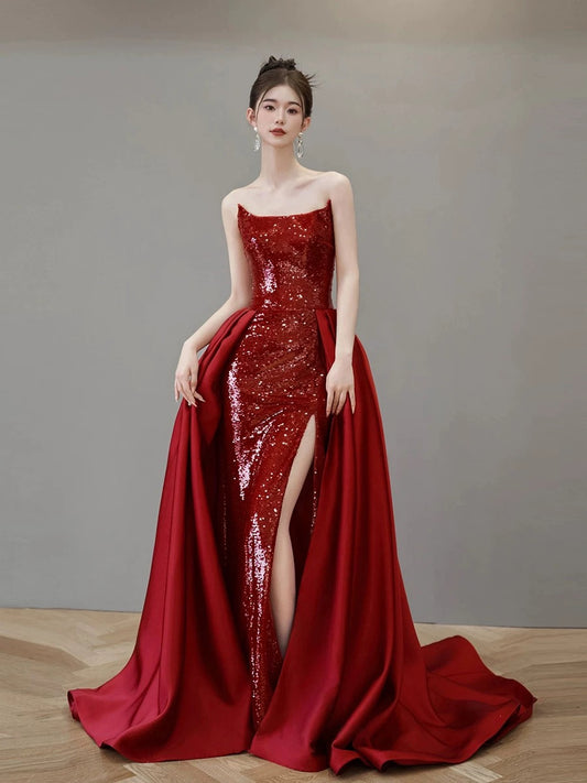 Elegantes Meerjungfrau-Kleid mit trägerlosem roten Pailletten, langes Abendkleid, lange Ballkleider H2879