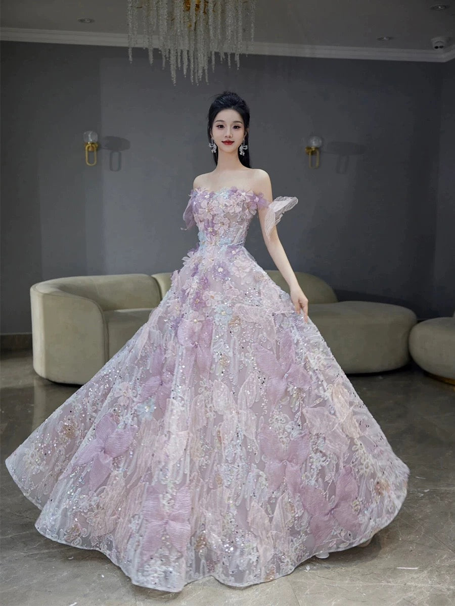 Classy Ball Gown Straps Pink Floral Evening Dress Long Prom Dresses H2880