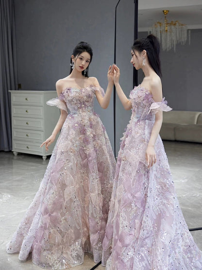 Classy Ball Gown Straps Pink Floral Evening Dress Long Prom Dresses H2880