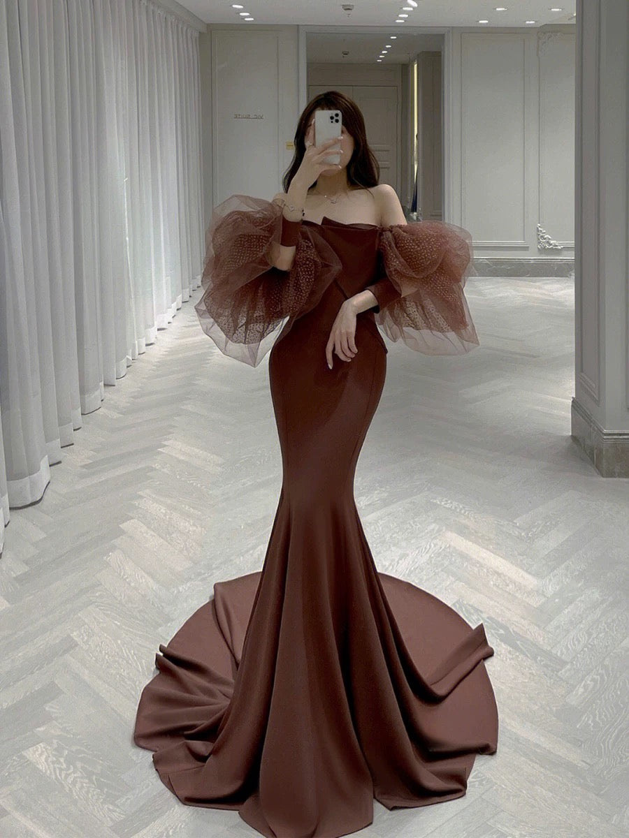 Classy Mermaid Off The Shoulder Satin Brown Evening Dress Long Prom Dresses H2885
