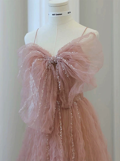 Classy Elegant A line Spaghetti Straps Pink Tulle Beading Sleeveless Prom Dresses H2888
