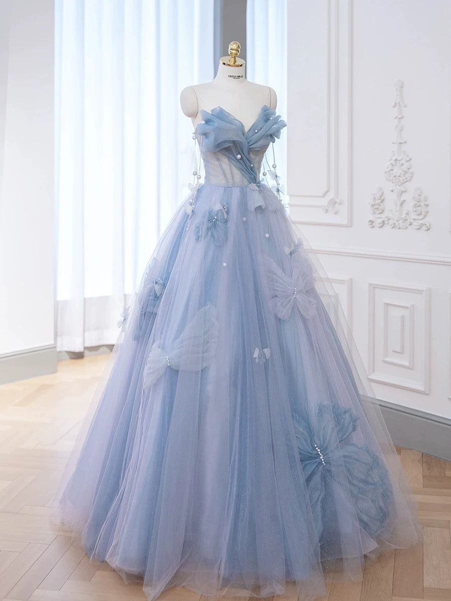 Classy Elegant Ball Gown Sweetheart Blue Tulle Flowers Prom Dresses H2891