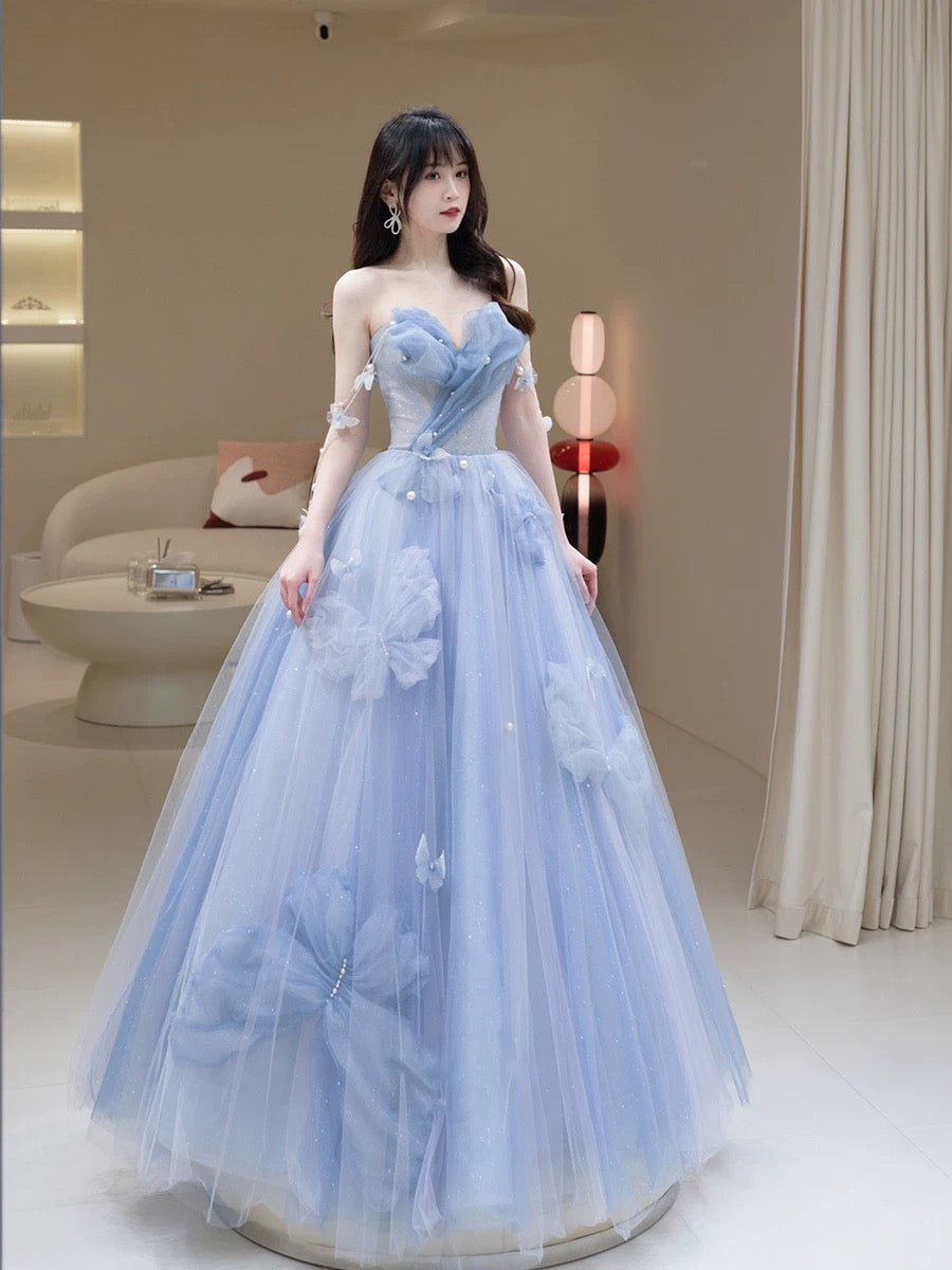 Classy Elegant Ball Gown Sweetheart Blue Tulle Flowers Prom Dresses H2891