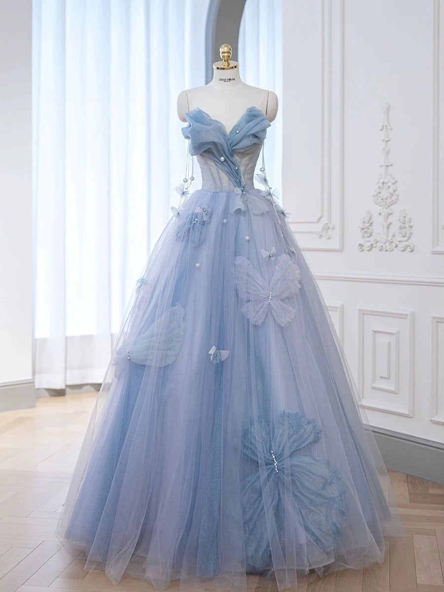 Classy Elegant Ball Gown Sweetheart Blue Tulle Flowers Prom Dresses H2891