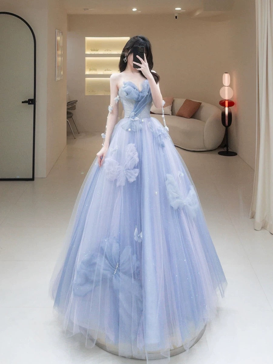 Classy Elegant Ball Gown Sweetheart Blue Tulle Flowers Prom Dresses H2891