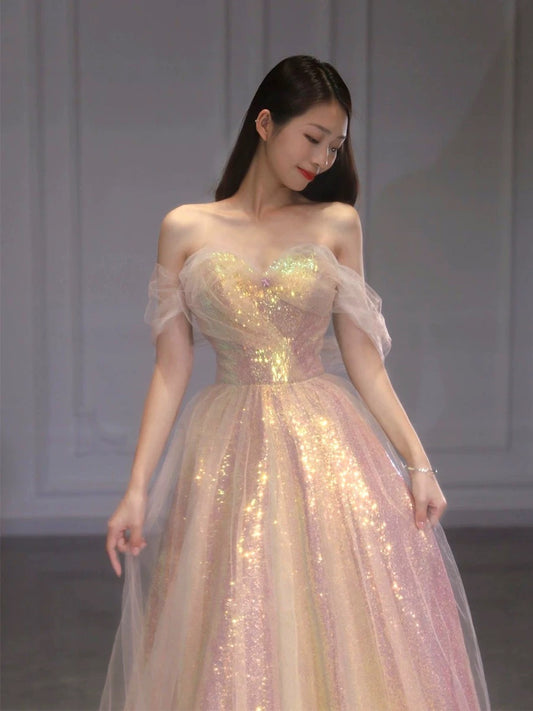 Edel Elegantes Ballkleid Off The Shoulder Rosa Kurze Ärmel Tüll Lange Ballkleider H2894