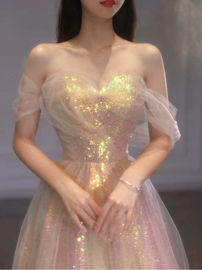 Classy Elegant Ball Gown Off The Shoulder Pink Short Sleeves Tulle Long Prom Dresses H2894