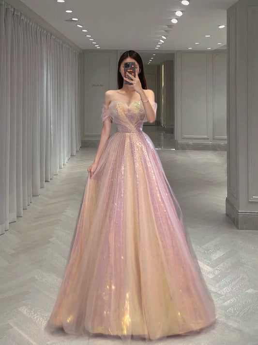 Edel Elegantes Ballkleid Off The Shoulder Rosa Kurze Ärmel Tüll Lange Ballkleider H2894