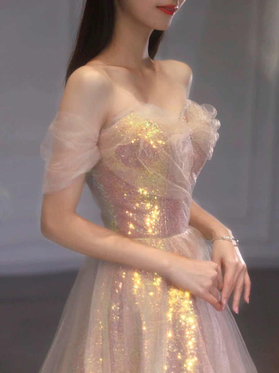 Classy Elegant Ball Gown Off The Shoulder Pink Short Sleeves Tulle Long Prom Dresses H2894