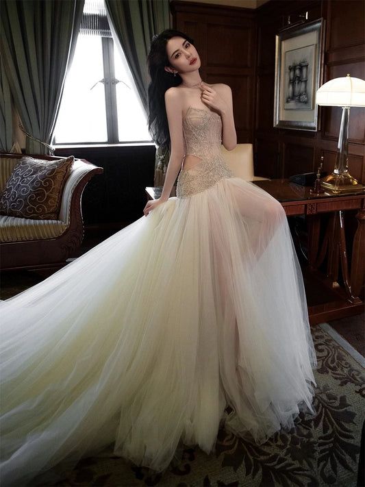 Classy Mermaid Schatz Lange Tüll Perlen Pailletten Abendkleid Lange Ballkleider H2900