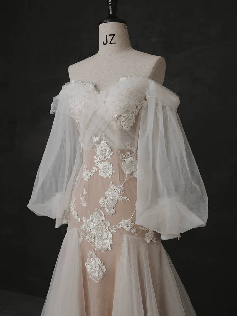 Elegante Meerjungfrau Weg Von Der Schulter Weiß Spitze Lange Ärmel Brautkleider Bräute Kleid H2901