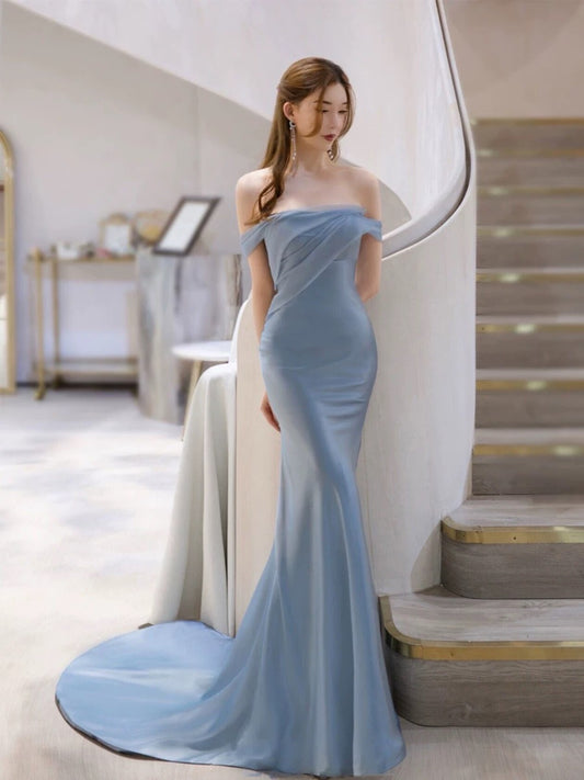 Classy Mermaid Off The Shoulder Satin Blau Kurze Ärmel Abendkleid Lange Ballkleider H2902