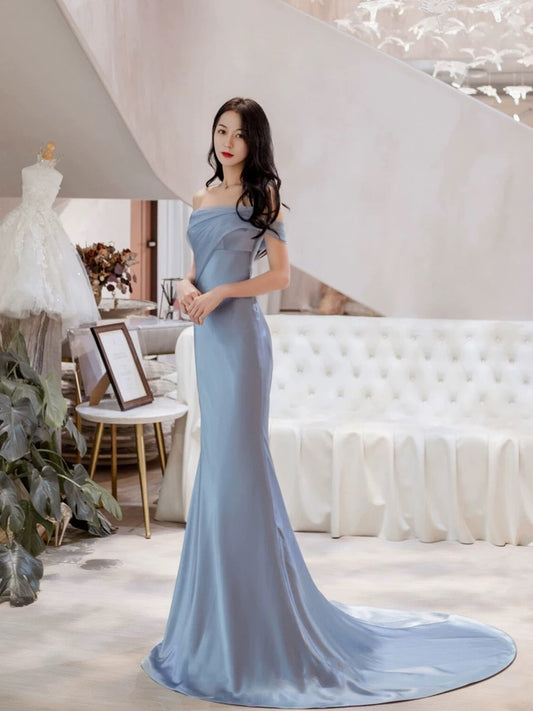 Classy Mermaid Off The Shoulder Satin Blau Kurze Ärmel Abendkleid Lange Ballkleider H2902