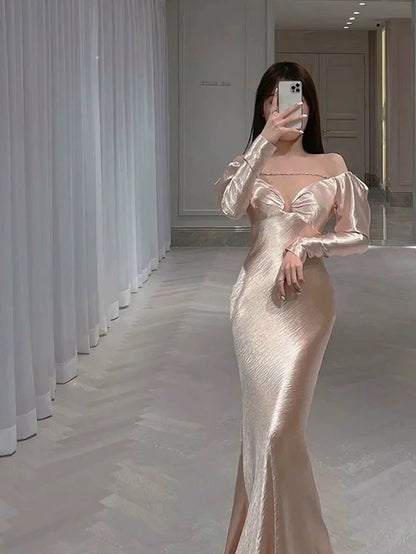 Classy Mermaid Off The Shoulder Satin Pink Long Sleeves Evening Dress Long Pink Prom Dresses H2903