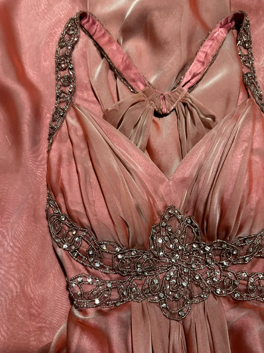 Elegantes A-Linie Neckholder Rosa Perlen Abendkleid Lange Ballkleider H2956