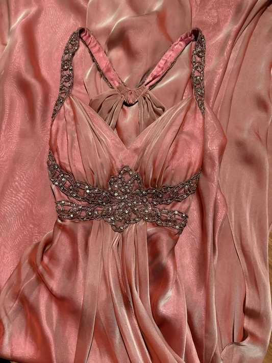Elegantes A-Linie Neckholder Rosa Perlen Abendkleid Lange Ballkleider H2956