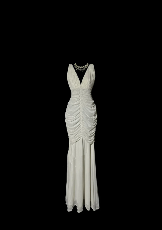 Classy Mermaid V-Ausschnitt Chiffon Weiß Perlen Langes Abendkleid Ballkleider H2965