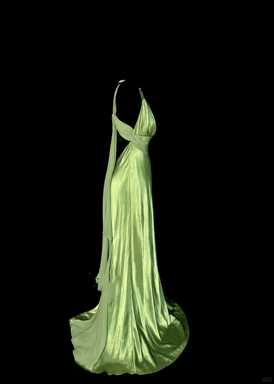 Vintage Classy Mermaid V-Ausschnitt Salbeigrün Perlen Langes Abendkleid Ballkleider H2967
