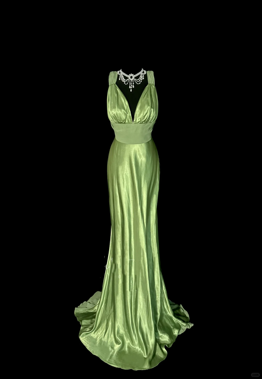 Vintage Classy Mermaid V-Ausschnitt Salbeigrün Perlen Langes Abendkleid Ballkleider H2967