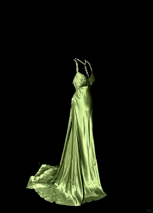 Vintage Classy Mermaid V-Ausschnitt Sage Green Backless Langes Abendkleid Ballkleider H2970