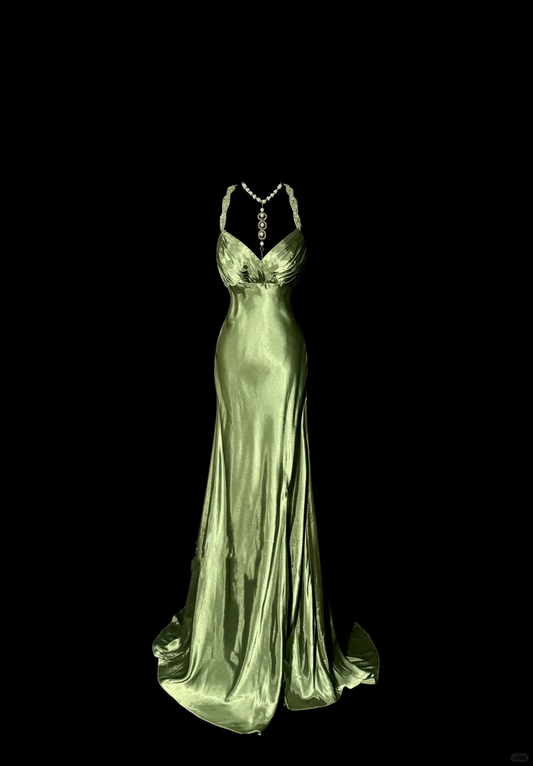 Vintage Classy Mermaid V-Ausschnitt Sage Green Backless Langes Abendkleid Ballkleider H2970