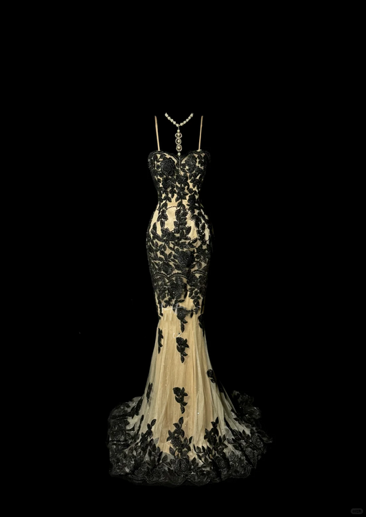 Vintage Classy Mermaid Spaghetti-Trägern Champagner Tüll Spitze Langes Abendkleid Ballkleider H2972
