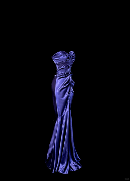 Robe de soirée longue plissée en satin raisin, style sirène, décolleté en cœur, sans manches, style vintage, H2974