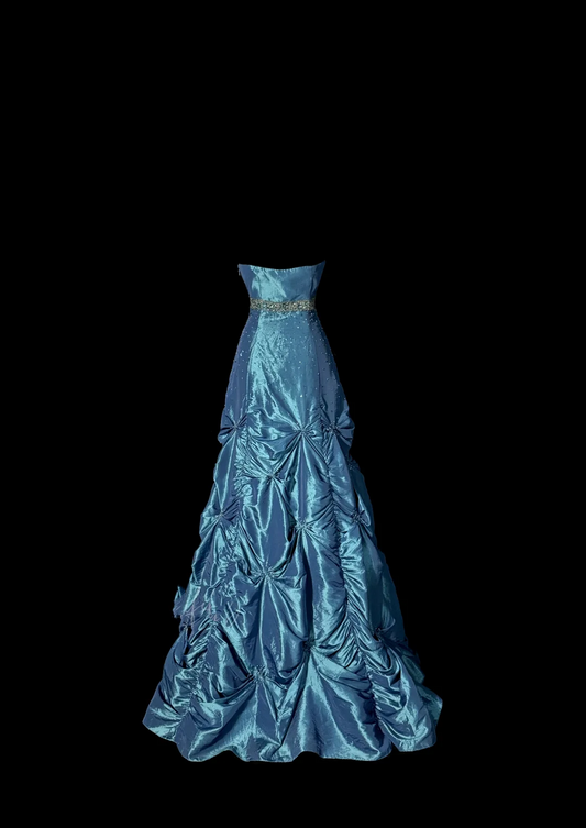 Vintage Classy Ballkleid Trägerlosen Blau Ärmelloses Gefaltetes Langes Abendkleid Ballkleider H2976
