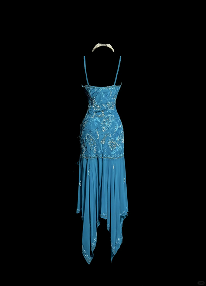 Classy Elegant Sheath Spaghetti Straps Blue Beading Sleeveless Chiffon Prom Dresses H2977