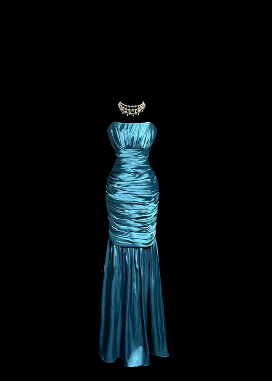 Vintage Classy Mermaid Trägerlosen Blau Satin Ärmelloses Gefaltetes Langes Abendkleid Ballkleider H2978