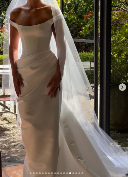 Dreamy Wedding Dress Sheath Off The Shoulder White Satin Summer Long Wedding Dresses Bridal Gowns W0130