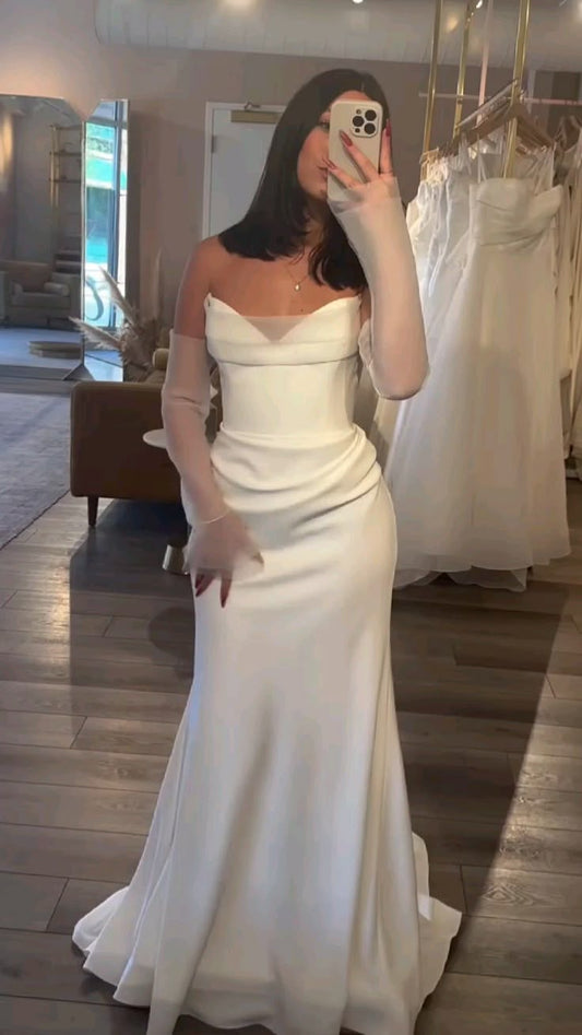 Dreamy Wedding Dress Mermaid Sweetheart White Satin Summer Long Wedding Dresses Bridal Gowns W0138