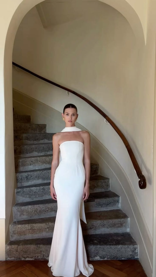 Dreamy Wedding Dress Mermaid Strapless White Satin Summer Beach Long Wedding Dresses Bridal Gowns With Scarf W0141