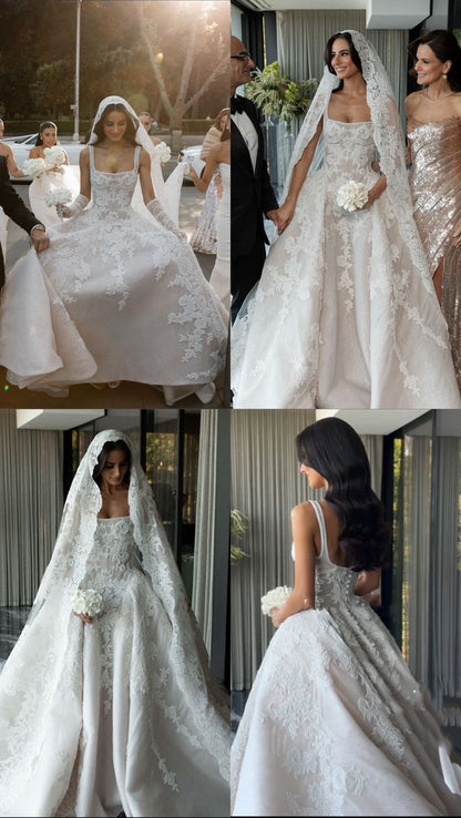 Pretty Wedding Dress Ball Gown Square Neck Lace Long White Wedding Dresses Bridal Gowns WD046