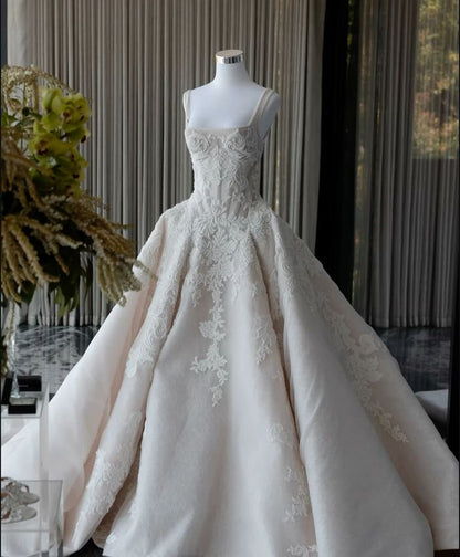 Pretty Wedding Dress Ball Gown Square Neck Lace Long White Wedding Dresses Bridal Gowns WD046