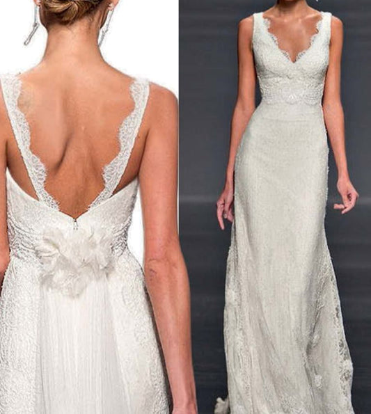 Hübsches Hochzeitskleid Meerjungfrau V-Ausschnitt Spitze Sommer Weiß Brautkleider Brautkleider W0150