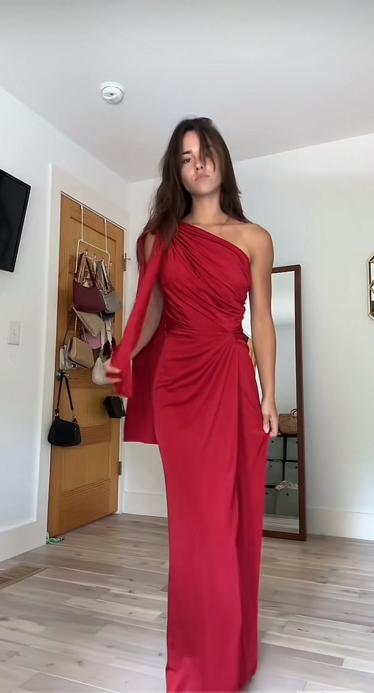 Sexy Etuikleid mit einer Schulter, rot, für formelle Anlässe, Sommerkleider für Hochzeitsgäste mit Schal, Outfit für Hochzeitsgäste W0159