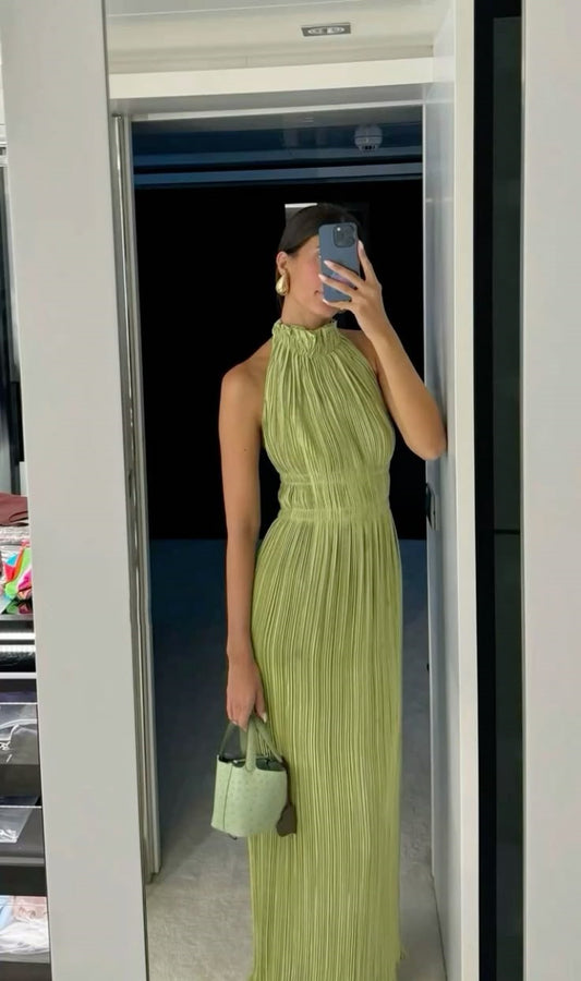 Sexy A line High Neck Sage Green Chiffon Prom Dresses Formal Summer Wedding Guest Dresses Wedding Guest Outfit W0162