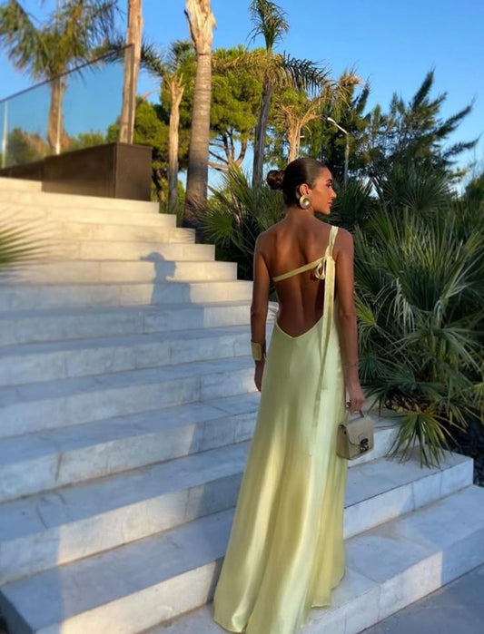Sexy A line One Shoulder Yellow Backless Long Prom Dresses Formal Summer Wedding Guest Dresses Wedding Guest Outfit W0172