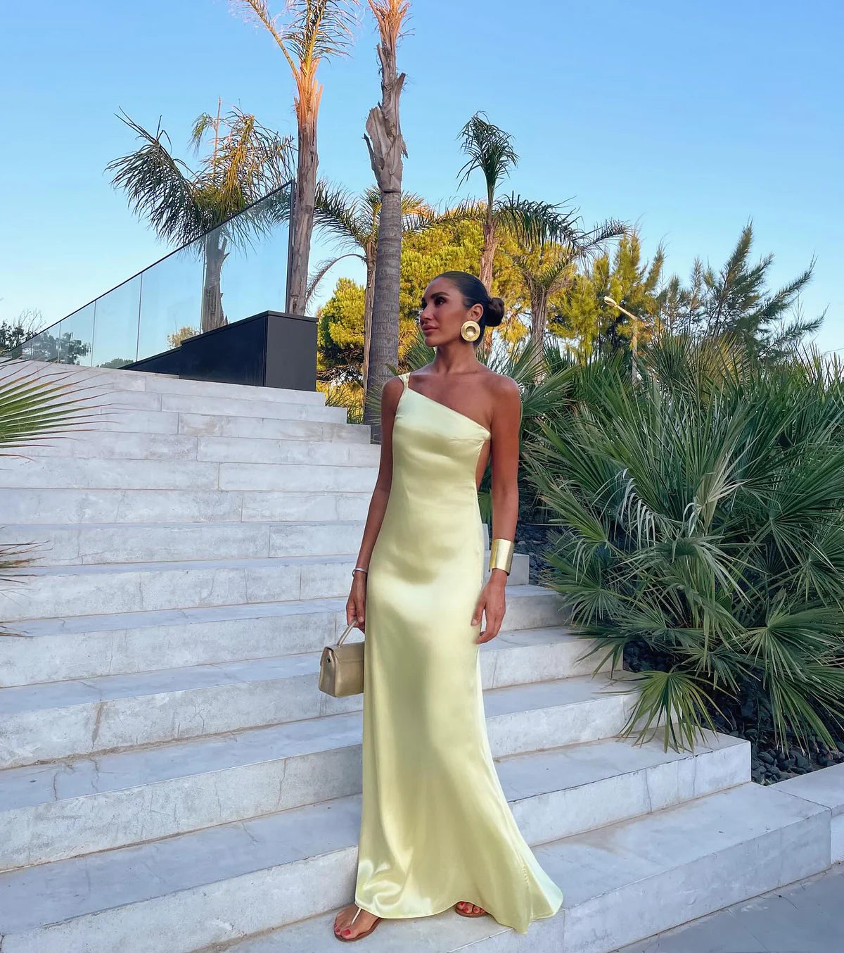 Sexy A line One Shoulder Yellow Backless Long Prom Dresses Formal Summer Wedding Guest Dresses Wedding Guest Outfit W0172