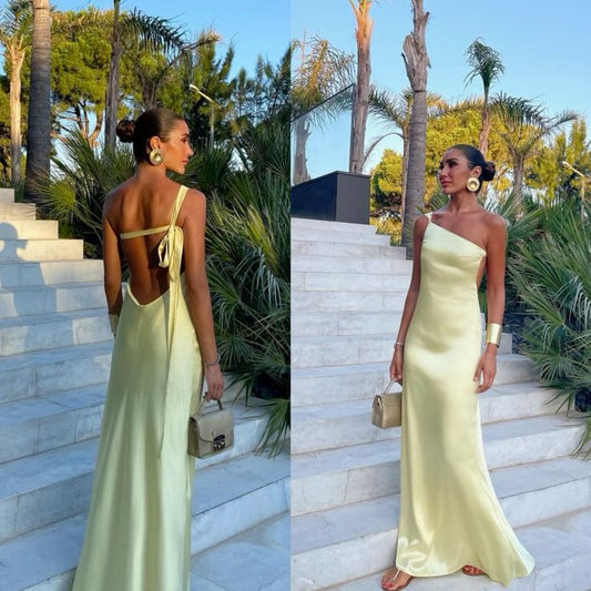 Sexy A line One Shoulder Yellow Backless Long Prom Dresses Formal Summer Wedding Guest Dresses Wedding Guest Outfit W0172