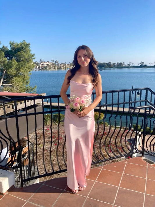 Modest A line Spaghetti Straps Pink Satin 20th Birthday Dress Prom Dress 18th Birthday Outfits Holiday Outfit W0209
