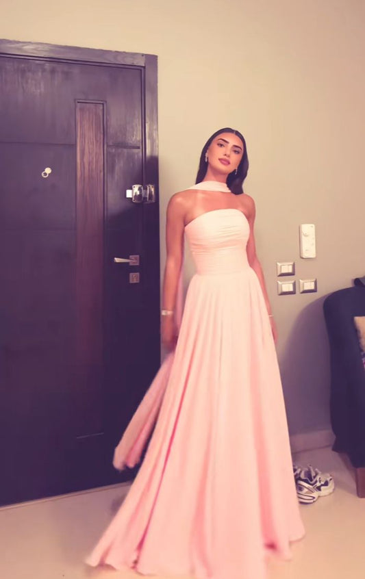 Modest A line Strapless Chiffon Light Pink 20th Birthday Dress Prom Dress 18th Birthday Outfits Holiday Outfit W0214