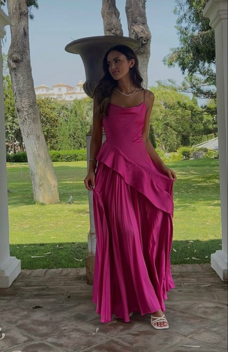 Sexy A line Spaghetti Straps Hot Pink Satin Prom Dresses Formal Summer Wedding Guest Dresses Wedding Guest Outfit W0229