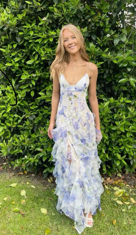 Robe de bal élégante à bretelles spaghetti et fentes bleues, tenue d'invitée de mariage d'été formelle, W0234
