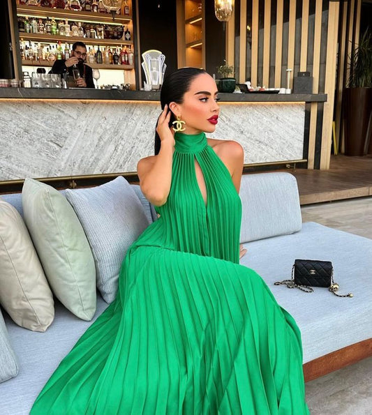 Classy A line High Neck Green Chiffon Long Prom Dresses Formal Summer Wedding Guest Dresses Wedding Guest Outfit W0256