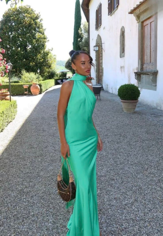 Sexy Sheath One Shoulder Green Long Prom Dresses Formal Summer Wedding Guest Dresses Wedding Guest Outfit With Scarf W0268