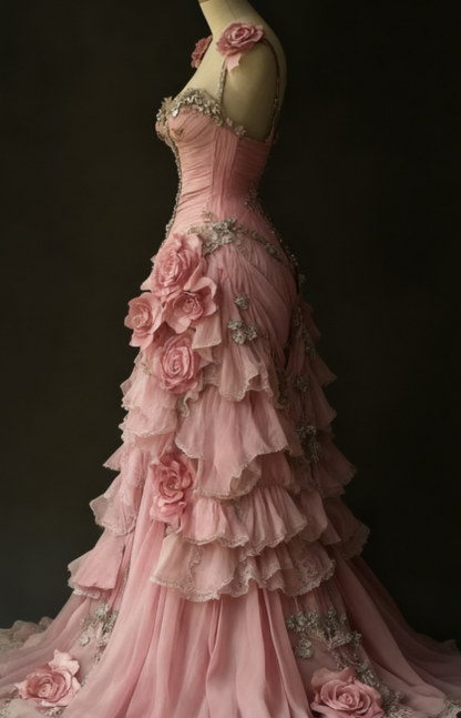 Pretty Ball Gown Pink Spaghetti Straps Tulle Long Quinceanera Dress Formal Short Sleeves Flowers Vestido De 15 Anos W0278